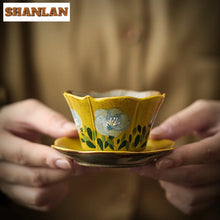 Load image into Gallery viewer, Hand-Painted Ceramic Tea Cup & Saucer Set – Camellia Flower Artisan Teaware (70ml)