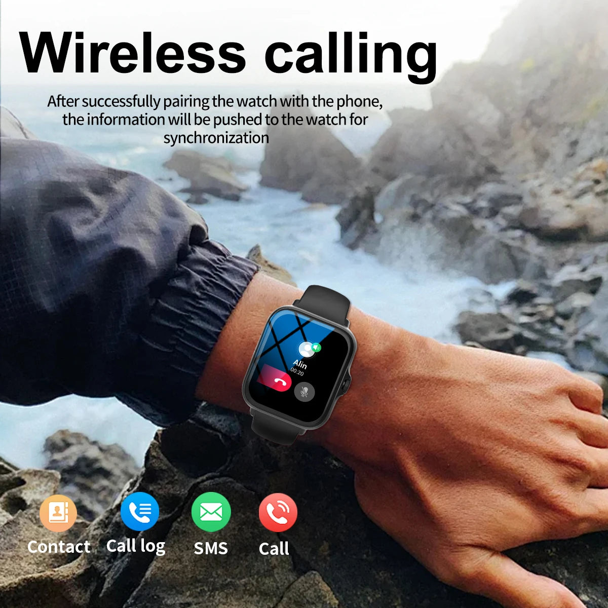 Smartwatch with full touchscreen display, compatible with iPhone/Android.