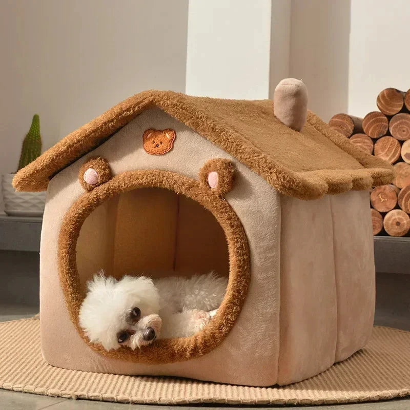 Cozy Winter Pet House Bed for Small & Medium Dogs and Cats – Foldable Warm Indoor Puppy Kennel with Soft Cushion