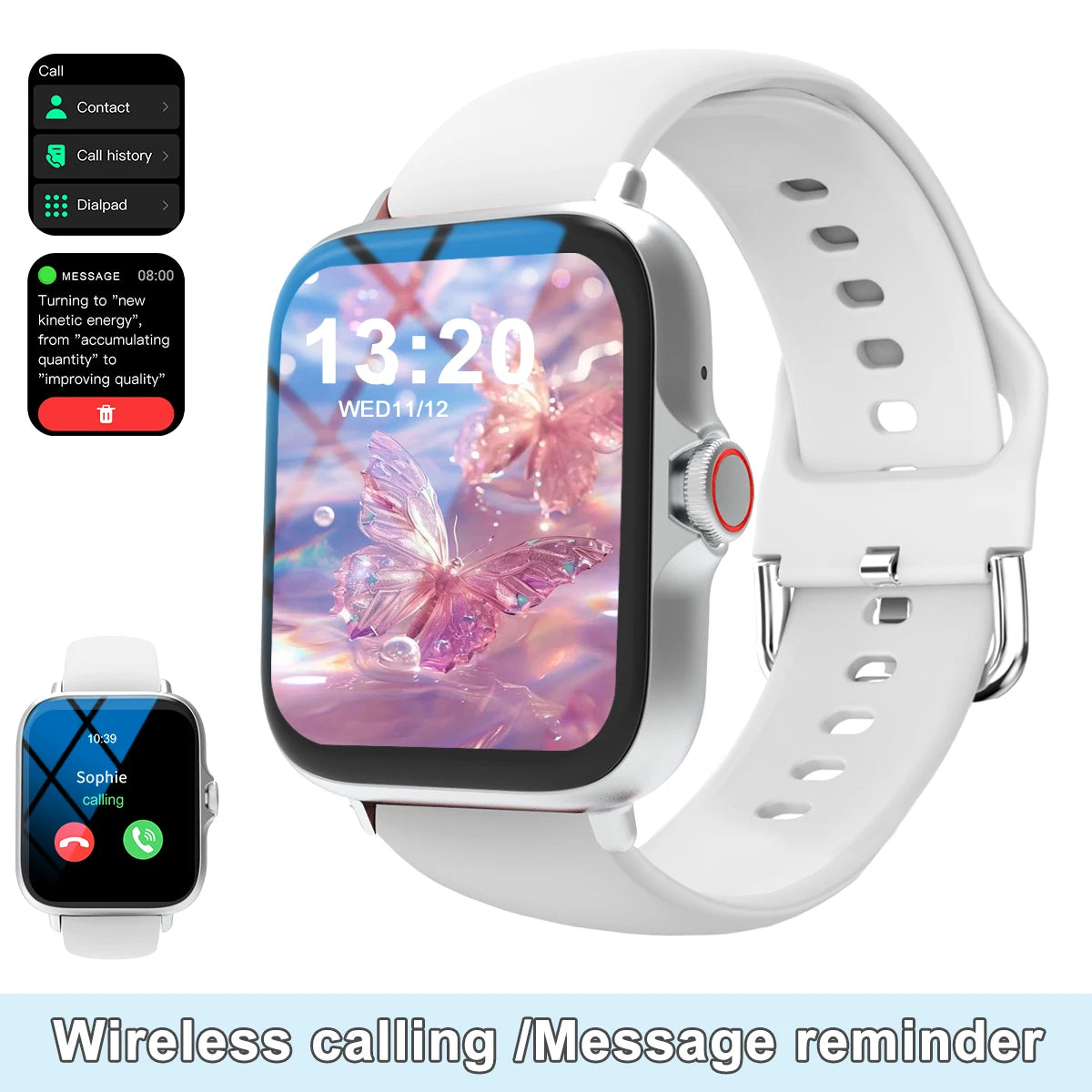 Smartwatch with full touchscreen display, compatible with iPhone/Android.