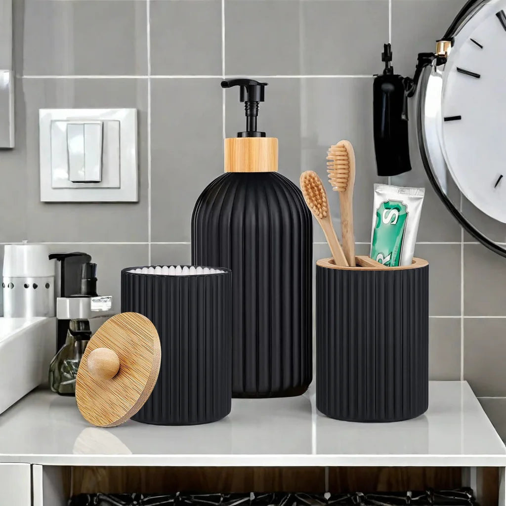 Modern Bathroom Countertop Organizer Set – Soap Dispenser, Toothbrush Holder & Storage Jar