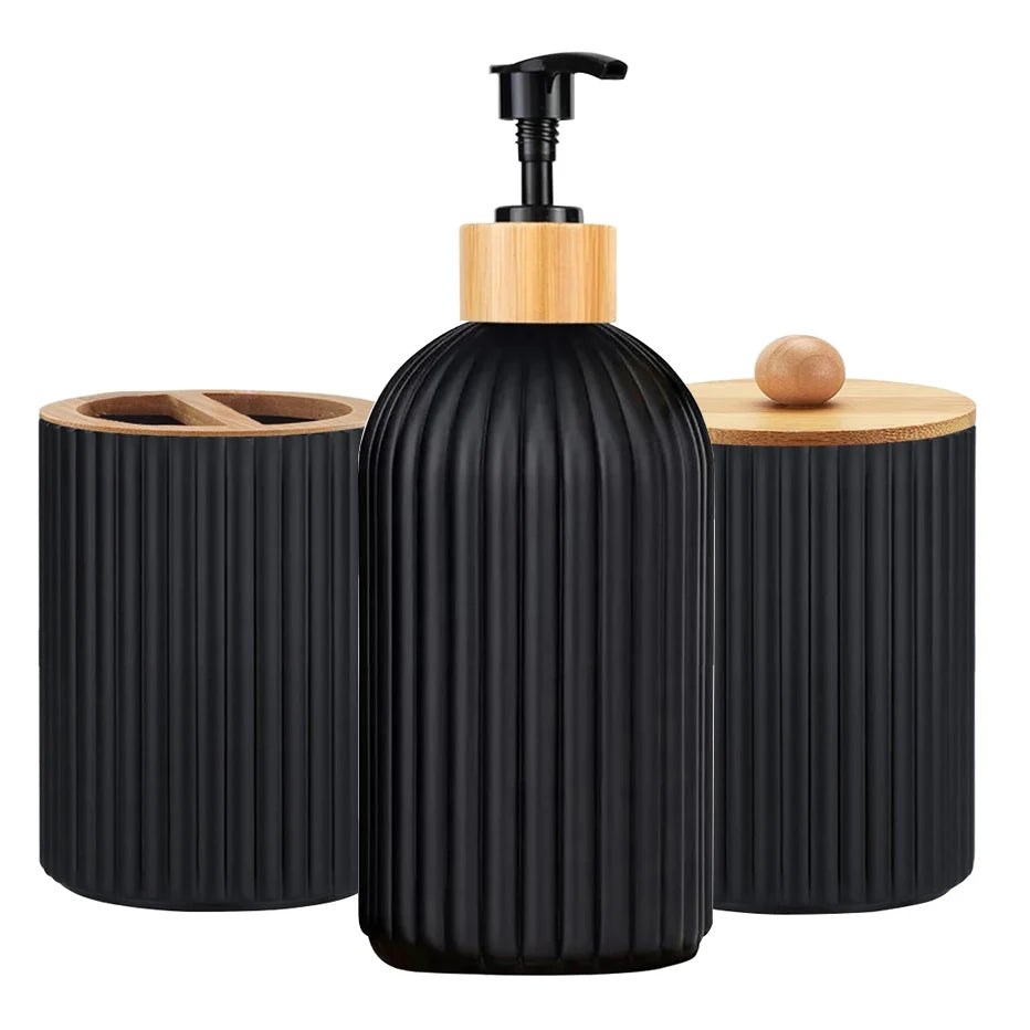 Modern Bathroom Countertop Organizer Set – Soap Dispenser, Toothbrush Holder & Storage Jar