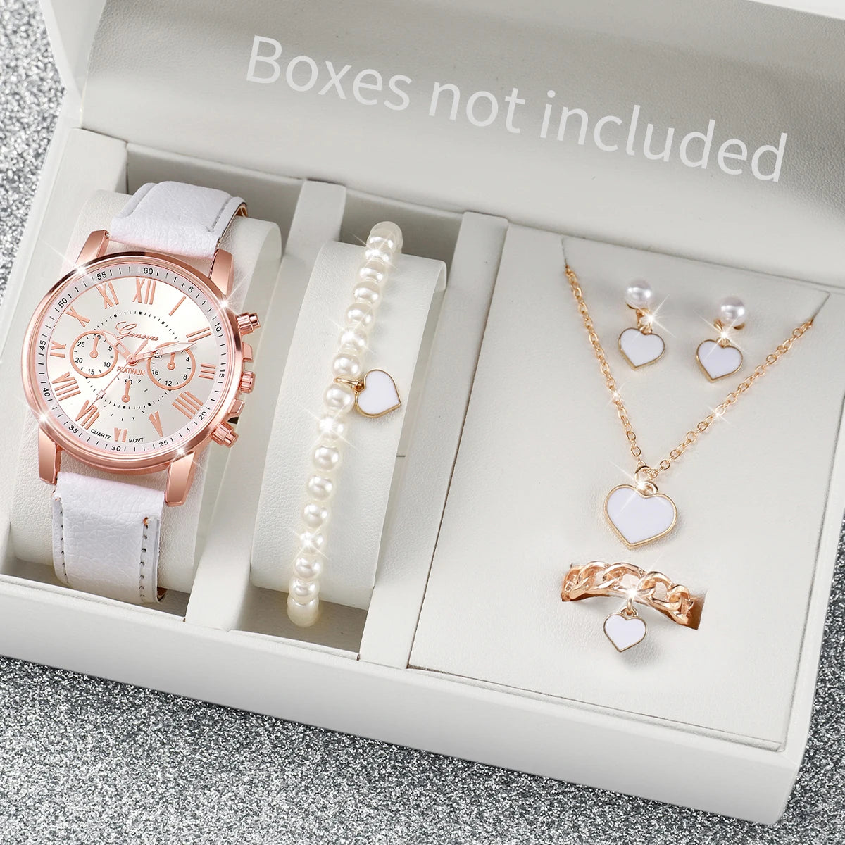 6-Piece Women’s Luxury Quartz Watch & Heart Crystal Jewelry Set – Elegant Gift Set