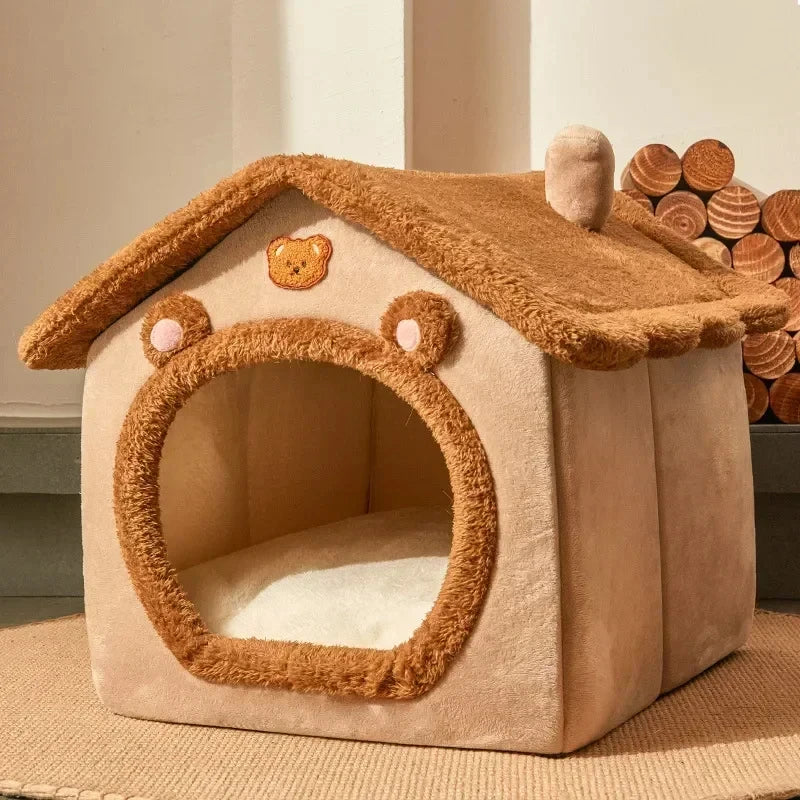 Cozy Winter Pet House Bed for Small & Medium Dogs and Cats – Foldable Warm Indoor Puppy Kennel with Soft Cushion