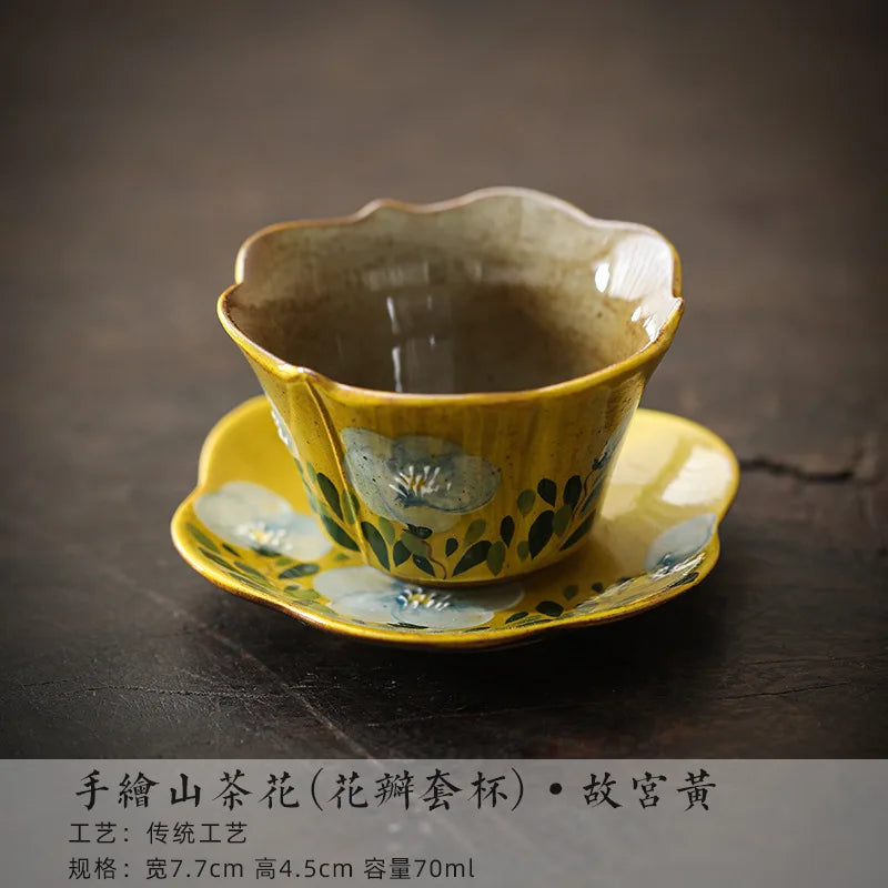 Hand-Painted Ceramic Tea Cup & Saucer Set – Camellia Flower Artisan Teaware (70ml)