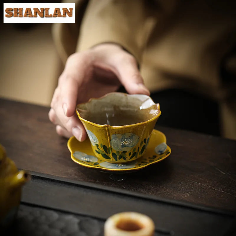 Hand-Painted Ceramic Tea Cup & Saucer Set – Camellia Flower Artisan Teaware (70ml)