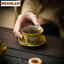 Load image into Gallery viewer, Hand-Painted Ceramic Tea Cup &amp; Saucer Set – Camellia Flower Artisan Teaware (70ml)
