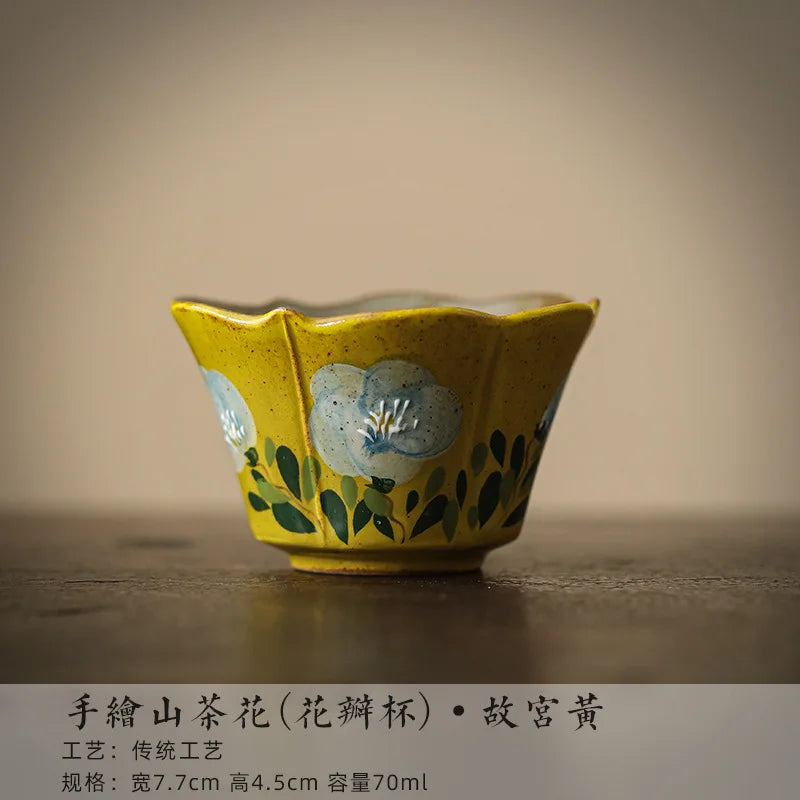 Hand-Painted Ceramic Tea Cup & Saucer Set – Camellia Flower Artisan Teaware (70ml)