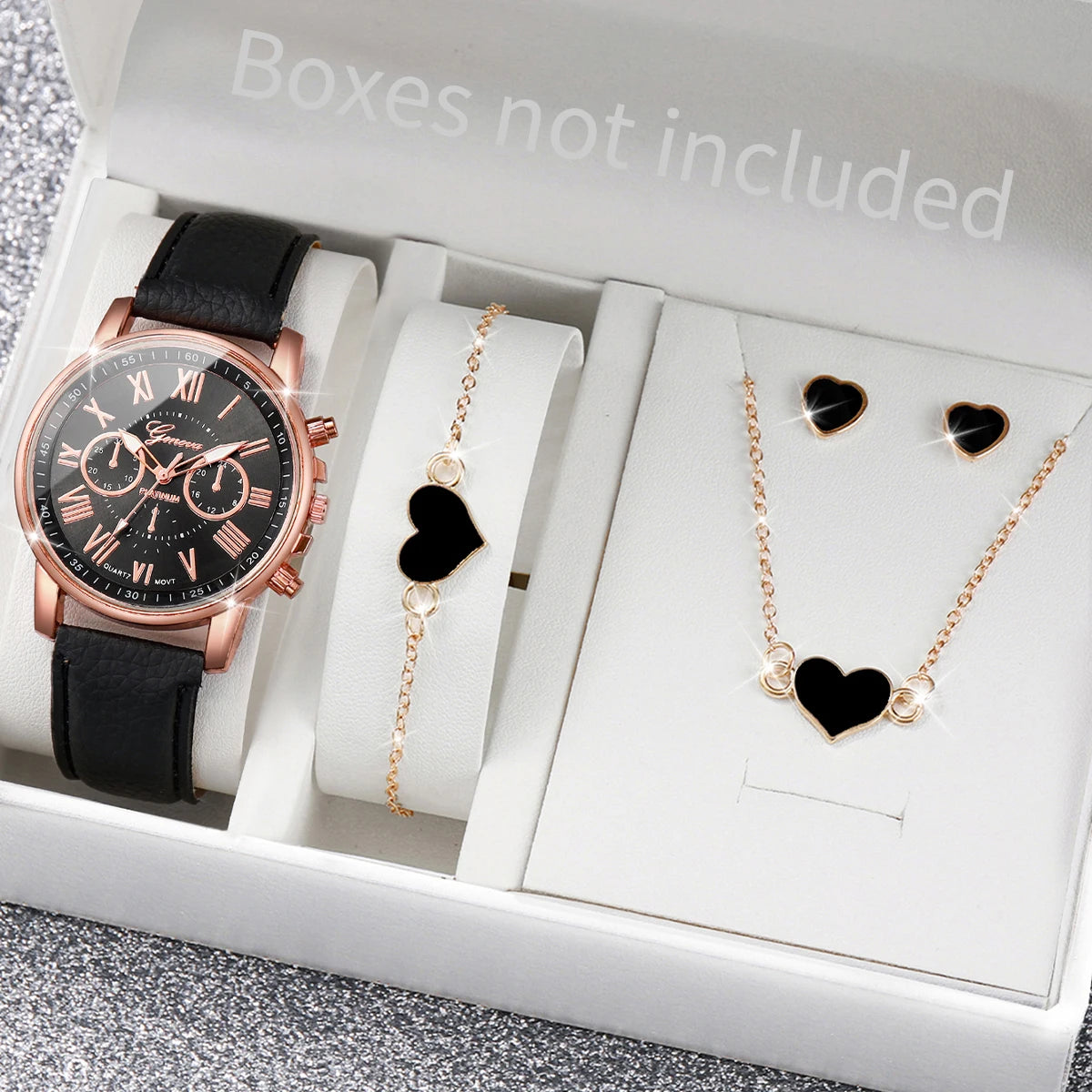 6-Piece Women’s Luxury Quartz Watch & Heart Crystal Jewelry Set – Elegant Gift Set