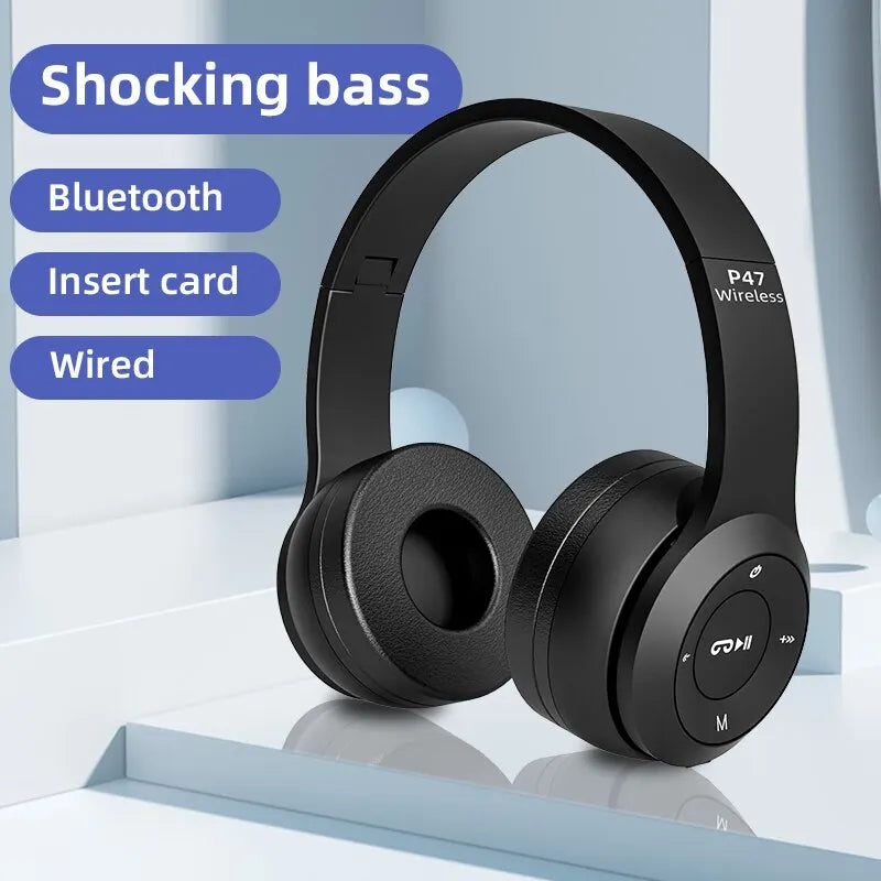 P47 Wireless Bluetooth Headphones – Foldable HiFi Stereo Bass with Mic for Music, Calls & Gaming