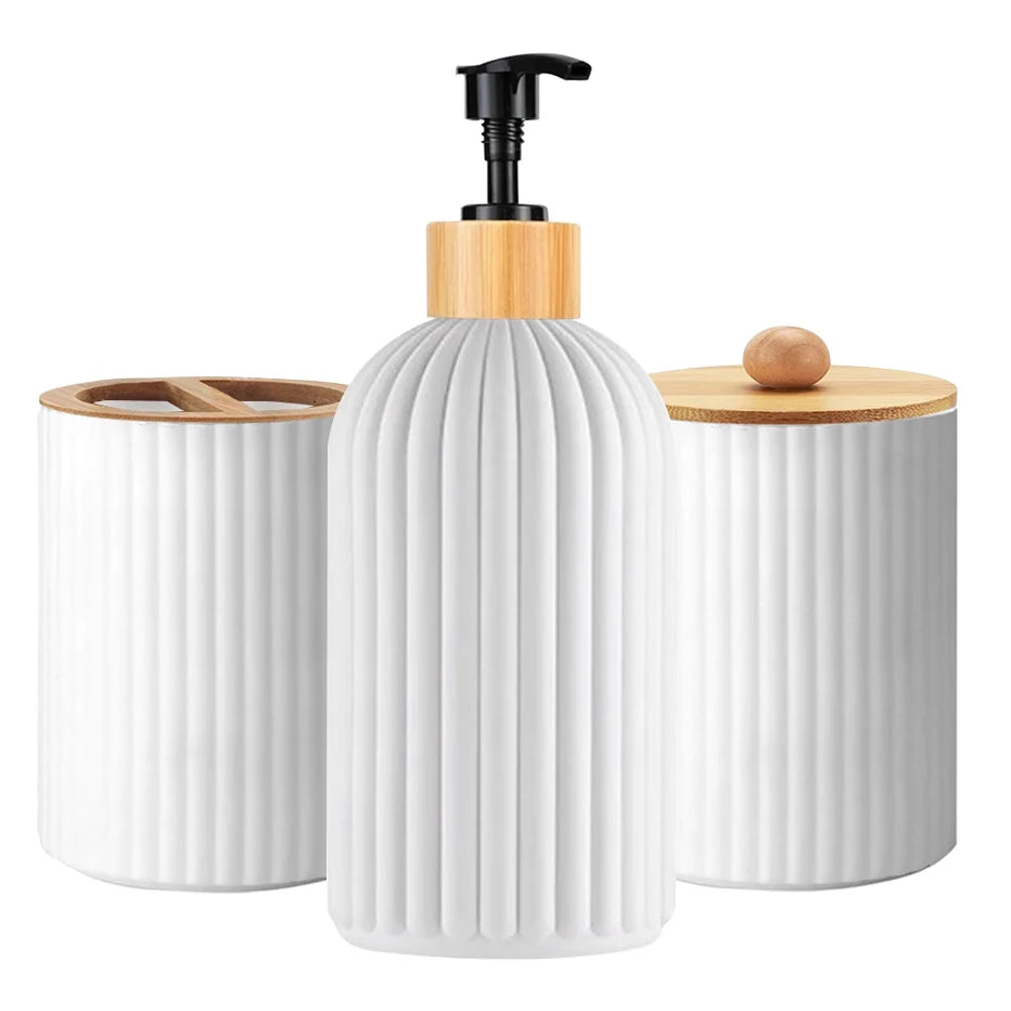 Modern Bathroom Countertop Organizer Set – Soap Dispenser, Toothbrush Holder & Storage Jar