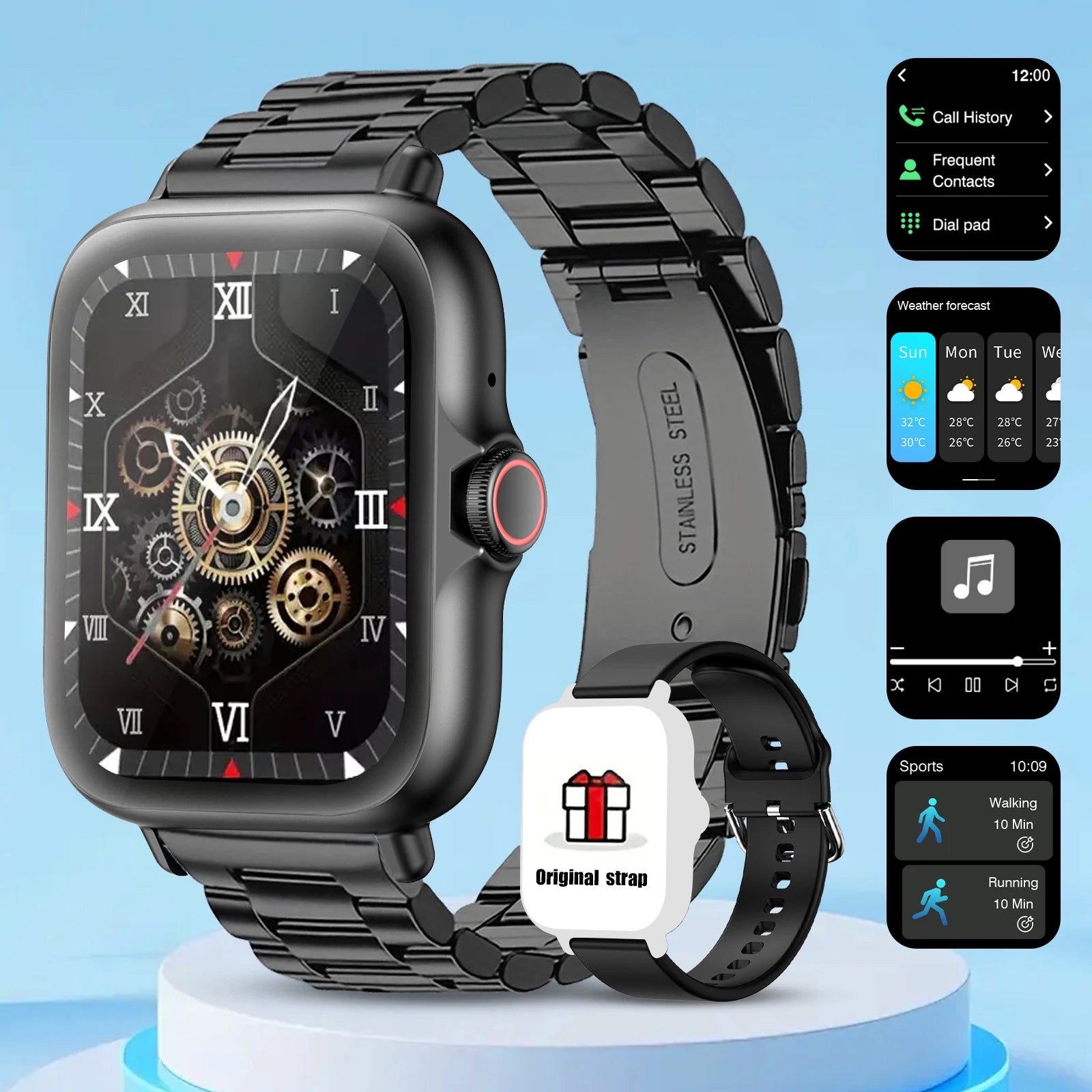 Smartwatch with full touchscreen display, compatible with iPhone/Android.