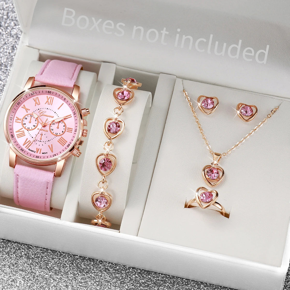 6-Piece Women’s Luxury Quartz Watch & Heart Crystal Jewelry Set – Elegant Gift Set