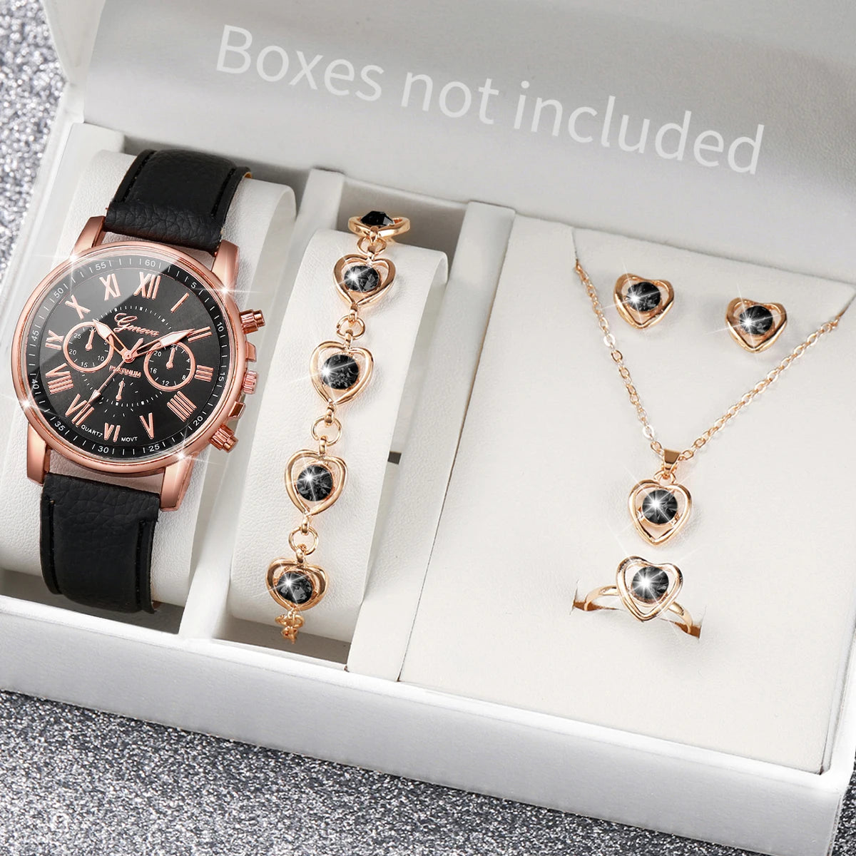 6-Piece Women’s Luxury Quartz Watch & Heart Crystal Jewelry Set – Elegant Gift Set