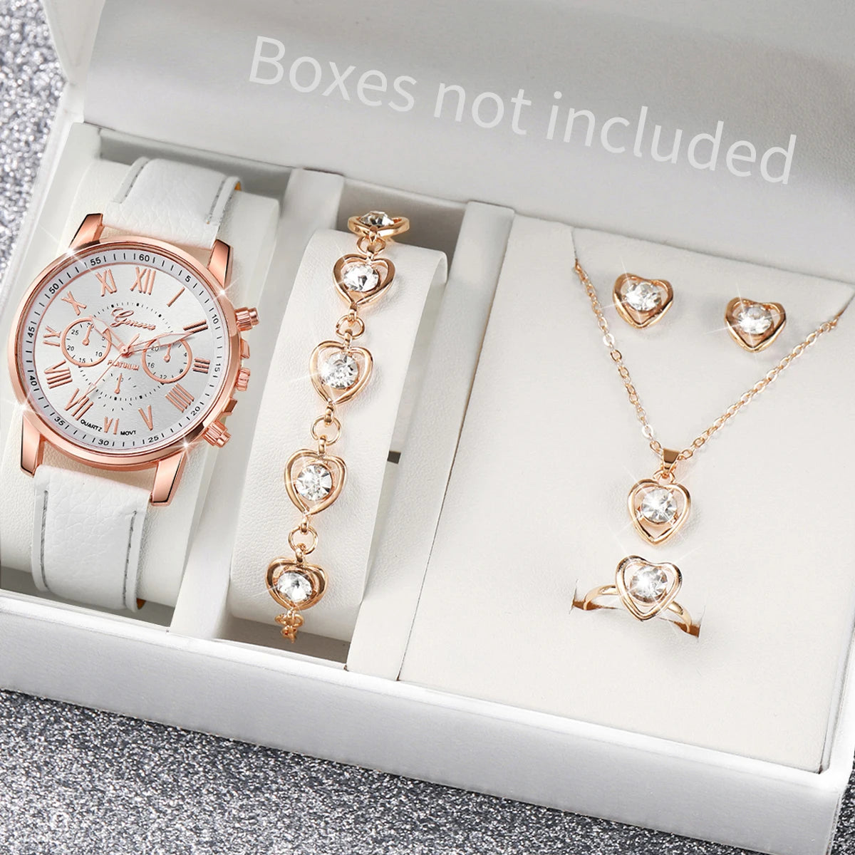 6-Piece Women’s Luxury Quartz Watch & Heart Crystal Jewelry Set – Elegant Gift Set