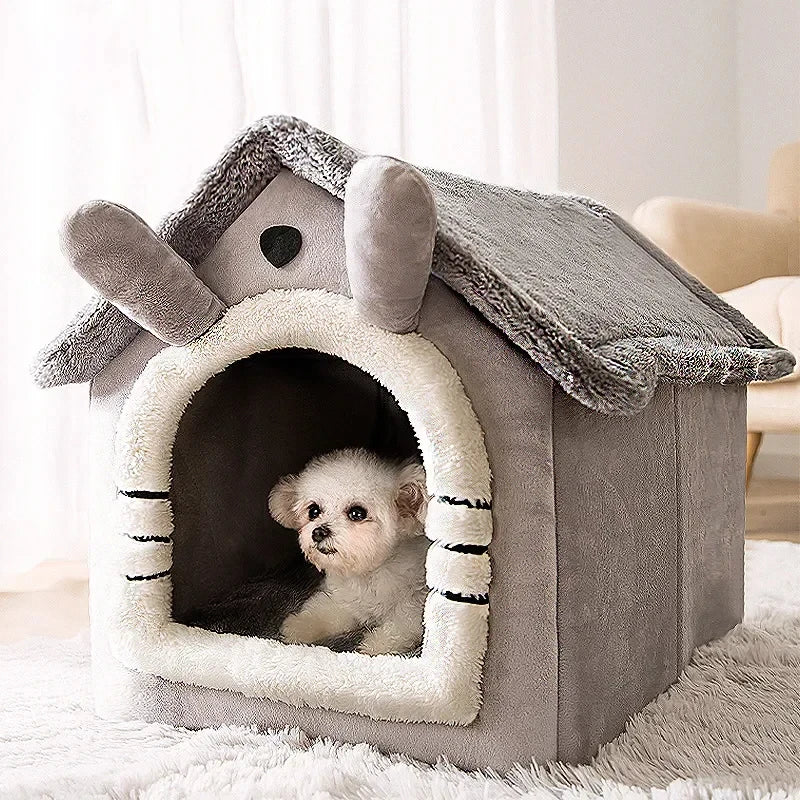 Cozy Winter Pet House Bed for Small & Medium Dogs and Cats – Foldable Warm Indoor Puppy Kennel with Soft Cushion