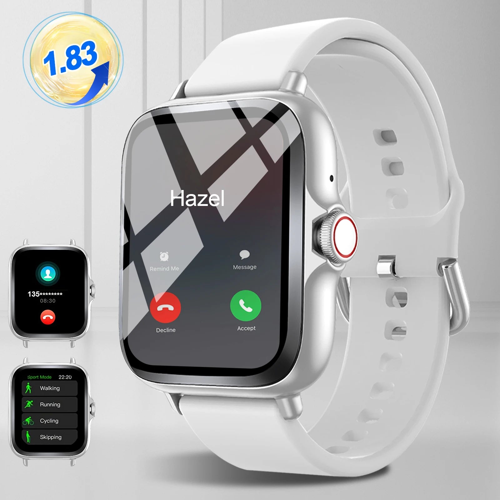 Smartwatch with full touchscreen display, compatible with iPhone/Android.